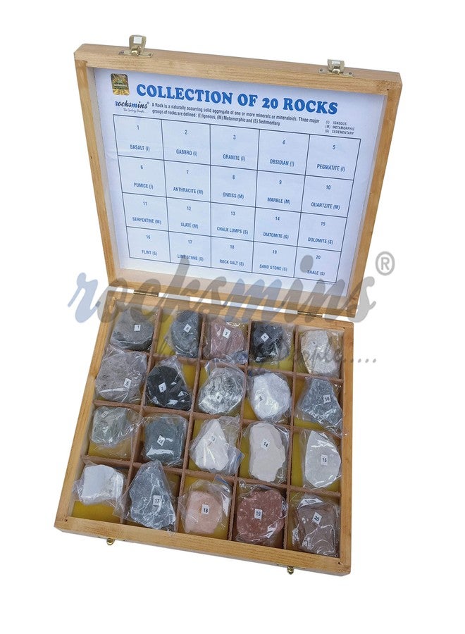 روكسمينز مجموعة روكسمنز RO20WB، 20 صخرة في صندوق خشبي متين. مجموعة من 20 عينة صخرية كبيرة الحجم، تشمل الصخور النارية والرسوبية والمتحولة. مجموعة ألعاب علمية جيولوجية مثالية لعلم المعادن وعلم الصخور. - Image 2